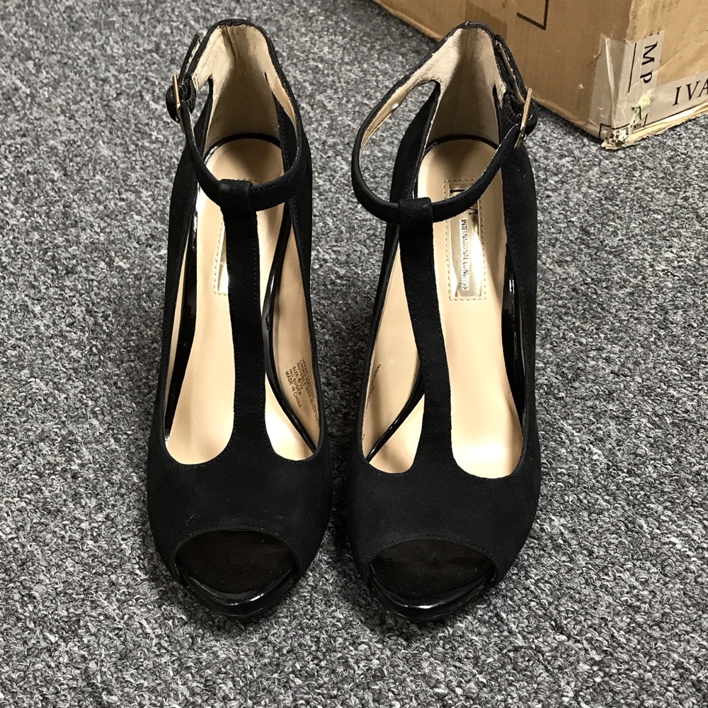 INC International Concepts Black T-Strap Peep Toe Heels